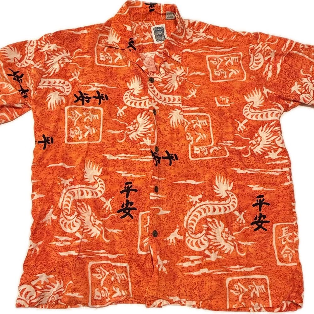 Ocean Current Orange Dragon Casual Shirt Size L Rayon Short Sleeve
